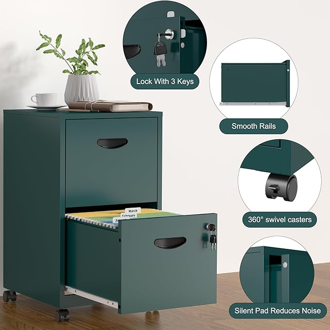 SteeLoong 2 Drawer File Cabinet with Lock,Green Rolling File Cabinet for Home Office,Printer Stand, Metal Small Mobile Filing Cabinets on Wheels for Hanging Letter