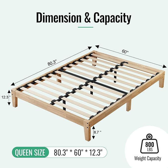 Queen Size Solid Wood Platform Bed - Noise-Free Design with Metal and Wood Slat Support, No Box Spring Needed, Easy Assembly, Natural Wood Finish