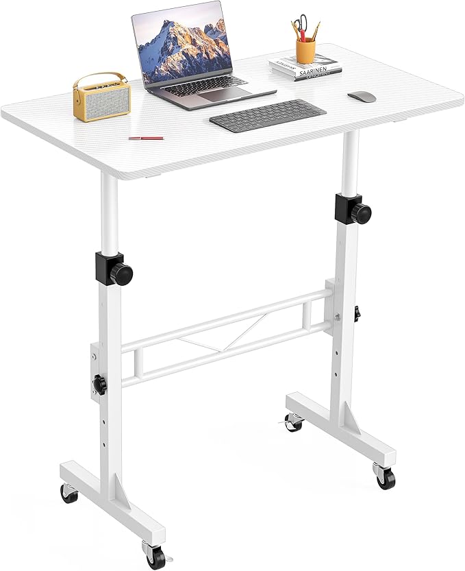 HOMIDEC Standing Desk, 32 Inch Portable Small Desk Adjustable Height, Rolling Home Office Desks with Wheels, Sit Stand Desk for Bedroom Walking Pad Home Office Small Space, White