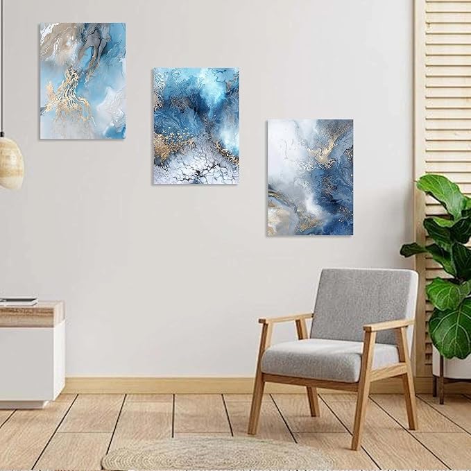 3 Piece Canvas Wall Art, Modern Abstract Blue and Gold Marble Ink Framed Wall Decor for Living Room Bedroom Office, 12x16 Inch, with Hooks and Nails