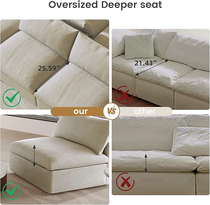 160.6" Cloud Couch Modular Sectional Sofa for Livingroom,Oversized Convertible Sofa with Storage Ottomans,6 Seat Wide Couches,Cushion Covers Removable (Khaki, 6 Seater)