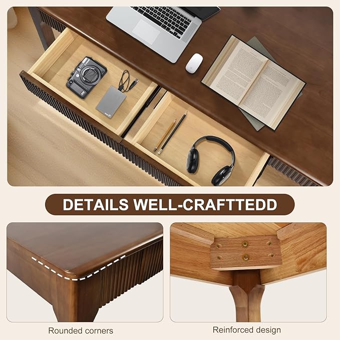 39.4'' Solid Wood Desk with 2 Drawers, Mid Century Modern Home Writing Office Small Wooden Desk ,Vintage Computer Table with Storage for Living Room, Bedroom, Fluted Design Walnut(Walnut, 39.4 Inch)
