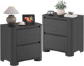 Black Nightstands Set of 2 with Charging Station, 23.6" Modern Night Stand with Unique Thickened Foot and 2 Storage Drawers, Bedside Table with Rounded Corner Design for Bedroom