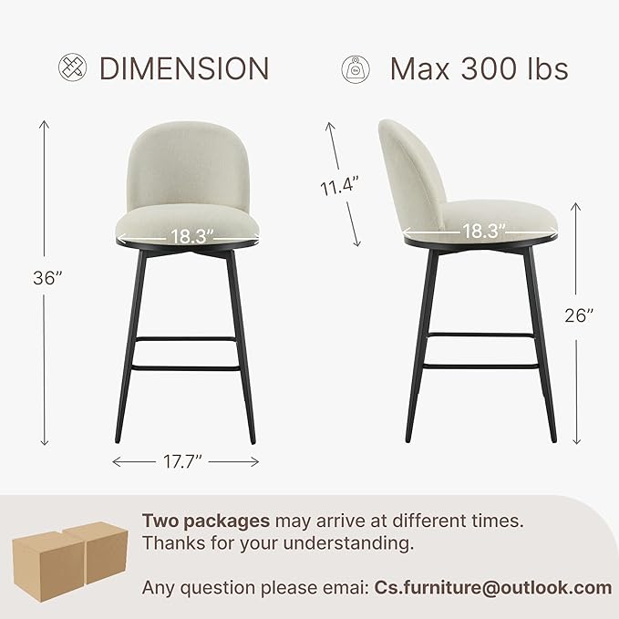 26" Counter Height Swivel Bar Stools Set of 4, Upholstered Linen Fabric Barstools with Backs and Metal Legs for Kitchen Island,Linen