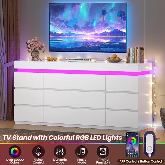 HAUOMS 12 Drawer Dresser with LED Light, White Modern Chest of Drawers for Bedroom,Long Dressers with Drawers for Living Room, Entryway, Hallway