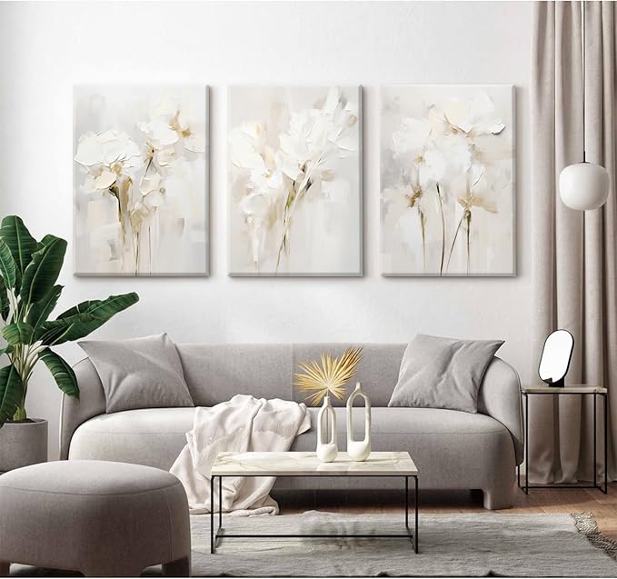 Neutral Wall Art Abstract Floral Canvas Pictures Beige Flower Wall Decor Modern Painting Minimalist Poster Abstract Botanical Prints White Artwork for Bedroom Living Room 12x16x3 Inch Ready to Hang