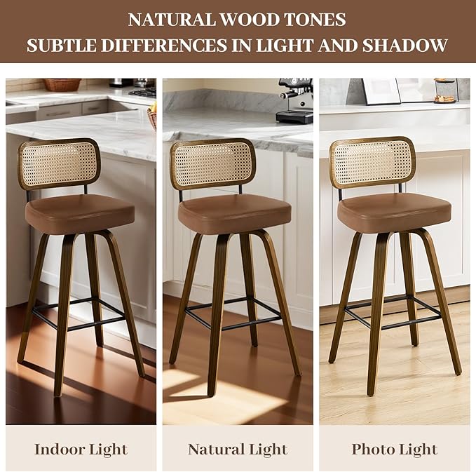 Bekrvio Swivel Counter Height Bar Stools Set of 4, Upholstered Faux Leather Barstools with Rattan Back, 26" Seat Height Bar Chairs for Kitchen Island, Bentwood Wood Frame, Brown