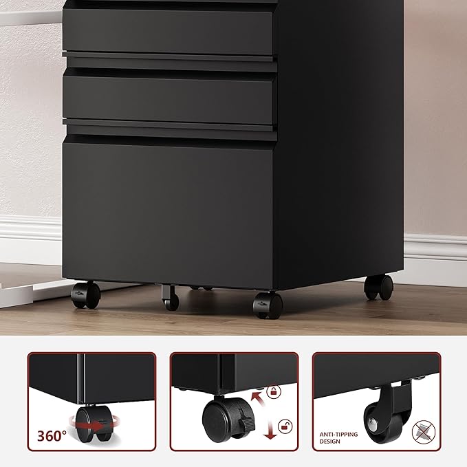 RAVIGIN 3 Drawer File Cabinet，Mobile Filing Cabinet with Lock and Wheels，Un-Assembled Metal Under Desk File Cabinets for A4/Letter/Legal Size（Black