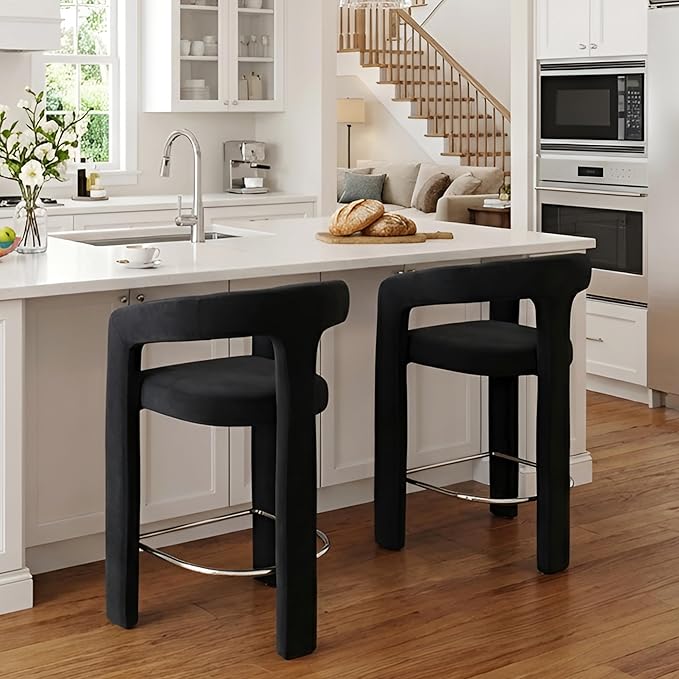HNY 26 Inch Modern Tall Barrel Bar Stools Set of 2, Velvet Upholstered Barstools with Open Backs, Counter Height Bar Stools Chairs with Armrest for Kitchen Island, Black