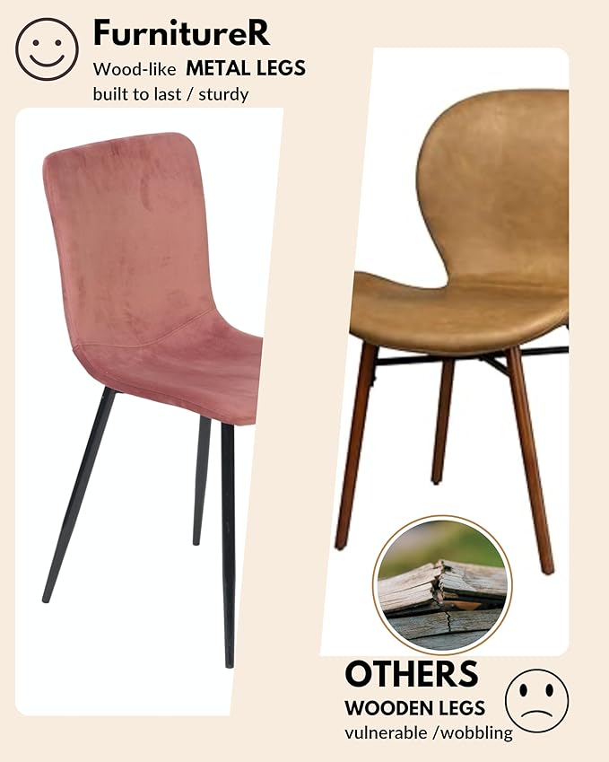 FurnitureR Scandinavian Dining Chairs Set of 4, Comfy Side Chair with Velvet Seat Sturdy Metal Legs for Kitchen Living Bed Room, Rose