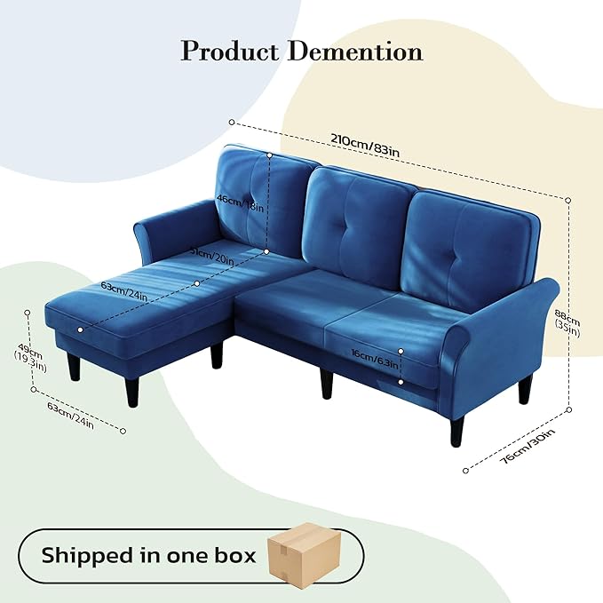 Welzona Sectional Couches for Living Room, 83" Velvet Modern 3 Seater Sofa, L Shaped Couch with Ottoman, Small Sectional Couch Sofas for Living Room, Bedroom, Apartment, Office, Blue Sofa