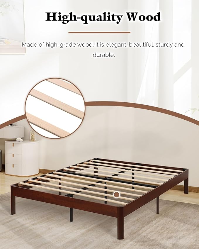 14 inch Sturdy Heavy Duty Wood Bed Frames with Wooden Slats, Full Size Platform Bed Frame, Natural Classic Design, Easy Set Up, No Box Spring Needed, Storage Space Under-Bed (Full)