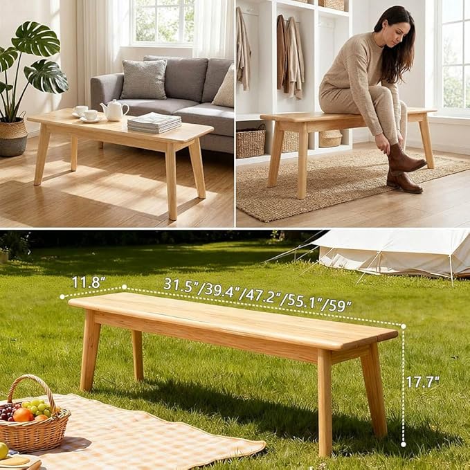 Solid Wood Farmhouse Bench 31.5"/39.4"/47.2"/55.1"/59" Skinny Bench Rustic Long Entryway Bench, Heavy Duty, Durable ＆ Easy Assembly, for Hallway, Kitchen, Bedroom, Dining(Wood,59"x11.8"x17.7")