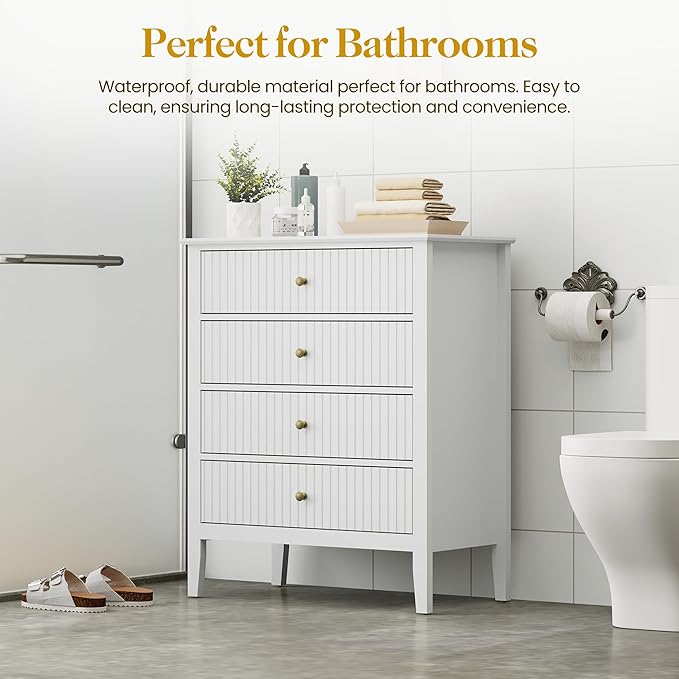 RoyalCraft White Fluted 4 Drawer Dresser Set of 2 for Bedroom, Modern Chest of Drawers, Wood Dresser for Storage Clothes, Wooden Storage Cabinet Nightstand for Bedroom, Hallway, Living Room, Entryway
