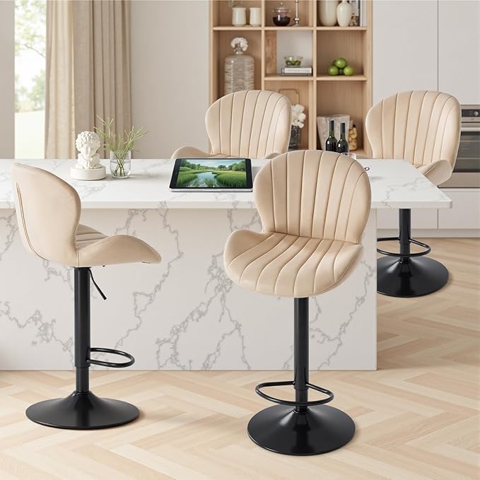 Sweetcrispy Bar Stools Set of 4, Modern Swivel Bar Chairs, Adjustable Fabric Upholstered Barstools Counter Height with Backrest for Bar, Kitchen Island, Dining Room, Beige