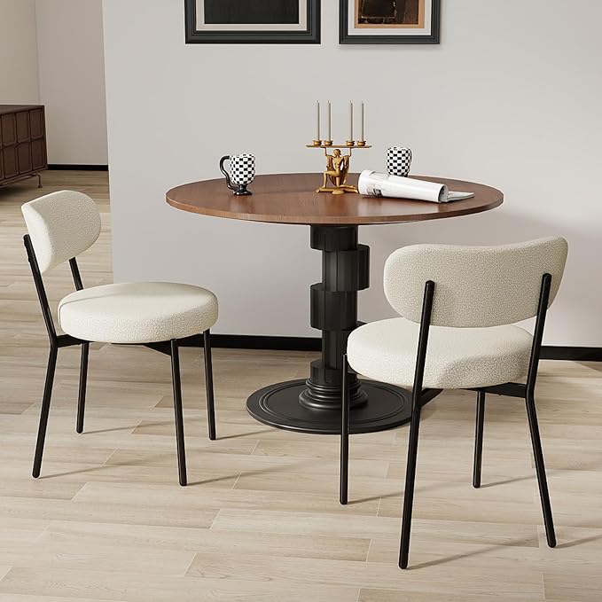 Murago Dining Chairs Set of 2, Boucle Comfortable Upholstered Seat Fabric with Curved Backrest, Mid Century Modern Contemporary Scandinavian Designer Chairs Ideal for Dining Room, Kitchen, White