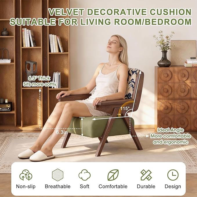 Accent Chair Mid Century Modern Chair, Velvet Upholstered Lounge Arm Chair with Solid Wood, Cozy Reading Chair for Living Room, Bedroom, Balcony (Feather Print, Set of 2)