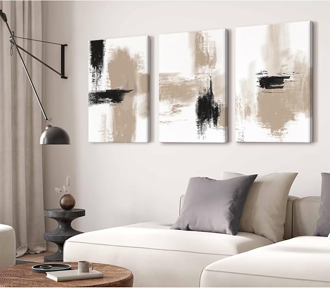 Beige Abstract Wall Art Painting Set of 3 Neutral Canvas Wall Art Prints Black Beige Modern Wall Decor Minimalist Art Pictures Abstract Modern Artwork for Room Bedroom 12x16 Inch Framed