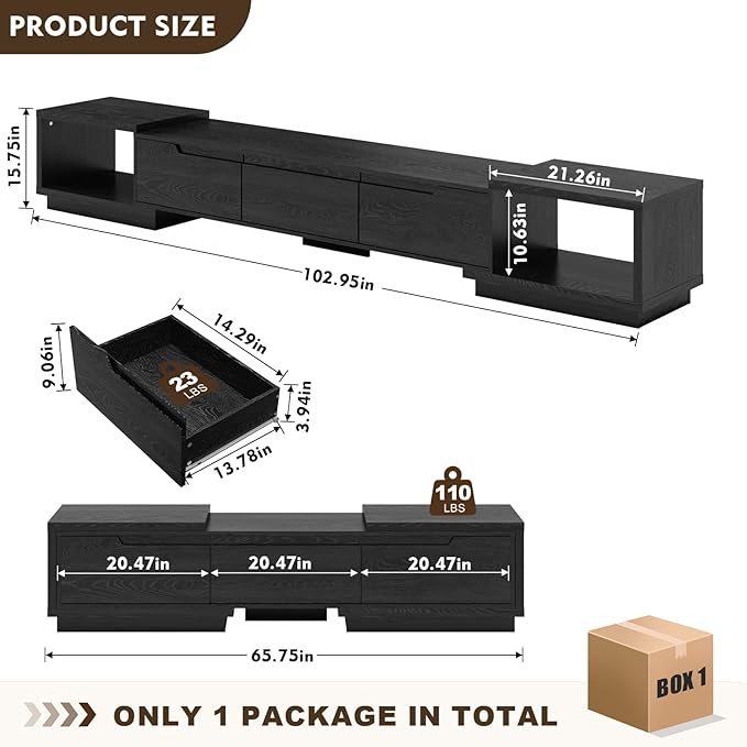 MEISSALIVVE Extendable TV Stand for Up to 120 Inch TV, Modern Entertainment Center with 3 Drawers & 2 Storage Compartments, Adjustable Length (65"-103"), TV Consoles for Living Room & Bedroom (Black)