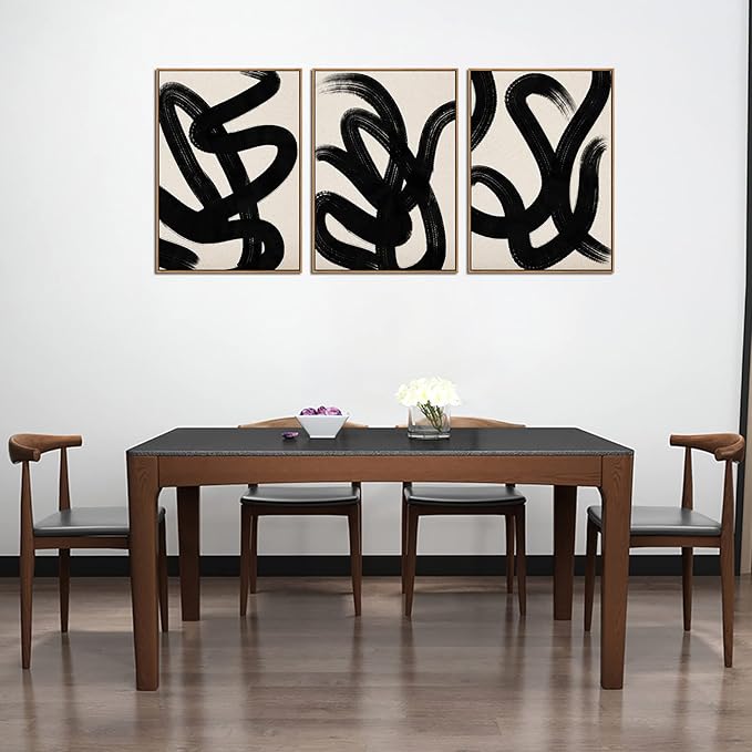 Framed Wall Art Canvas Set Abstract Lines Pictures Modern Mid Century Boho Wall Decor Minimalist Abstract Black Stroke Lines Canvas Painting Artwork Living Room Bedroom Home Office 20"x28"x3 Natural