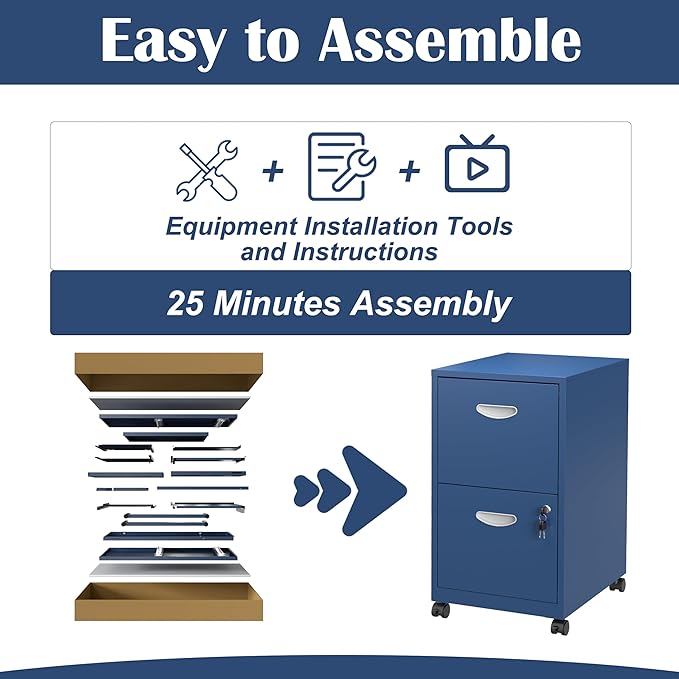 SteeLoong 2 Drawer File Cabinet with Lock,Blue Rolling File Cabinet for Home Office,Printer Stand, Metal Small Mobile Filing Cabinets on Wheels for Hanging Letter