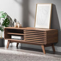 mopio Ensley 46" TV Stand with Slatted Door, Mid Century Modern Entertainment Center for 55/60/65 inch TV, Farmhouse Media Console with Storage, Adjustable Shelves, Round Edges, Living Room (Walnut)