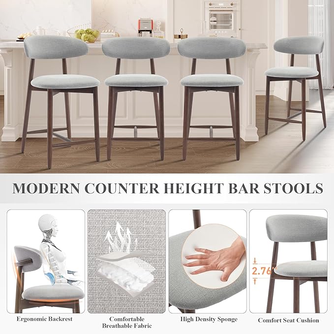 Upholstered Counter Height Bar Stools Set of 3, Kitchen Island Stools with Back, Modern Counter Stools Island Bar Chairs with Wood Legs for Kitchen Island Dining Room Bar, Light Grey