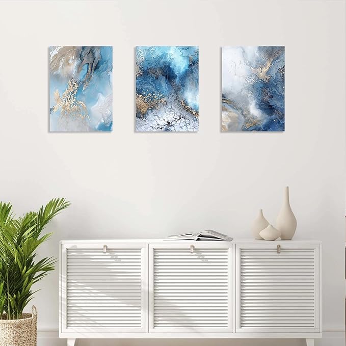 3 Piece Canvas Wall Art, Modern Abstract Blue and Gold Marble Ink Framed Wall Decor for Living Room Bedroom Office, 12x16 Inch, with Hooks and Nails