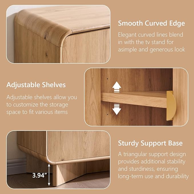 IFGET Modern Buffet Cabinet with Storage, 70" Large Sideboard Buffet Storage Cabinet with 4 Doors and Adjustable Shleves, Wooden Curved Coffee Bar for Dining Room, Kitchen, Living Room, Natural Oak