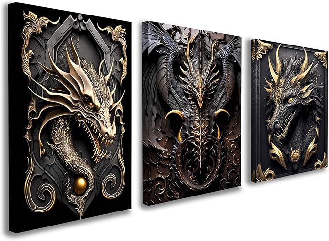 3 Piece Wall Art Framed Canvas Wall Art Modern Abstract Dragon Pictures with Black and Gold Design, Home Decor for Living Room, Bedroom, Office, Gaming Room – Room Decoration with Hooks and Nails, 12x16 Inch