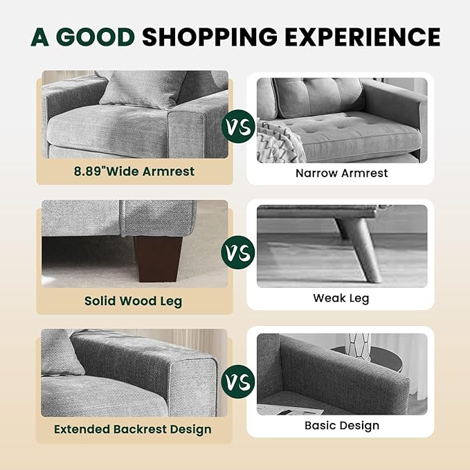 DOPEDIO Modern Living Room Sofa Set, 71.25" Chenille Loveseat with 2 Accent Chairs, Removable Covers, Spring Cushions, Solid Wood Frame, Easy Assembly（71.25inch+2 Single,Light Gray）