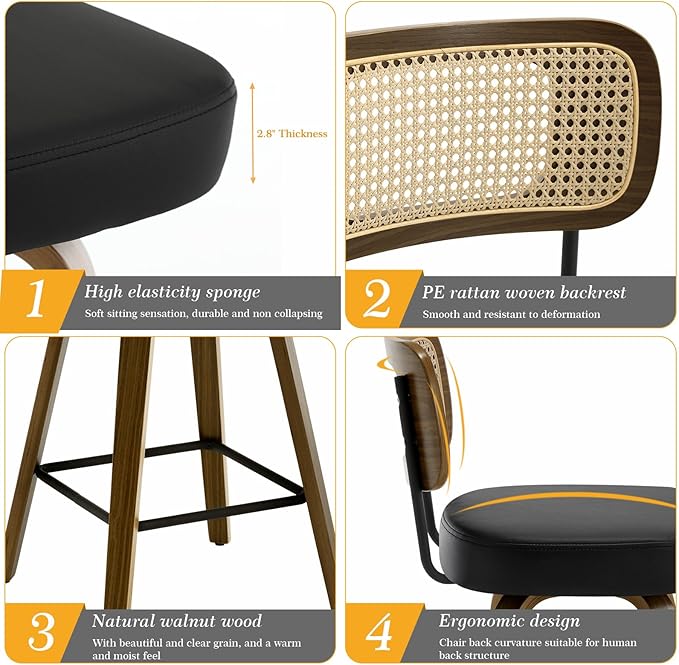 Bekrvio Swivel Counter Height Bar Stools Set of 4, Upholstered Faux Leather Barstools with Rattan Back, 26" Seat Height Bar Chairs for Kitchen Island, Bentwood Wood Frame, Black