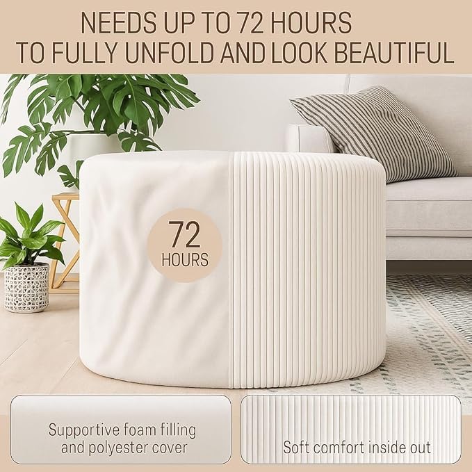 Corduroy White Ottoman Foot Rest Stool – Textured Boucle Corduroy Fabric Footstool with Soft Foam, Round Lightweight Pouf for Cozy Living Room, Bedroom – Warm White