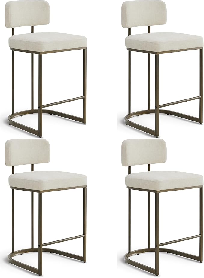 26" H Counter Height Bar Stools Set of 4, Modern Linen Fabric Upholstered Barstools with Backrest for Kitchen Island, Gold Metal Frames, Linen