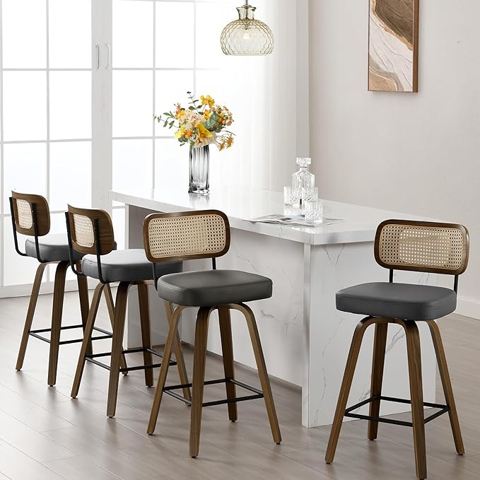 Bekrvio Swivel Counter Height Bar Stools Set of 4, Upholstered Faux Leather Barstools with Rattan Back, 26" Seat Height Bar Chairs for Kitchen Island, Bentwood Wood Frame, Grey