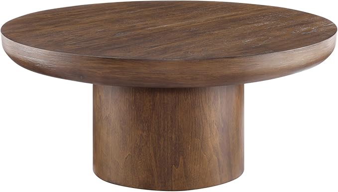 WILLIAMSPACE 35.98" Round Coffee Table with Cylindrical Base, Modern Wood Drum Center Table, Accent Side End Table for Living Room Apartment, φ35.98"*15.98"H (Dark Brown)