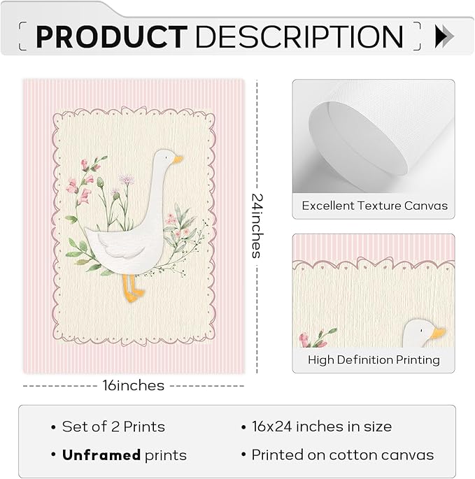 Vintage Nursery Wall Art Silly Goose Canvas Poster Pink Coquette Wall Decor Girls Room Pictures Baby Kids Poster Cute Animal Prints Floral Painting Artwork for Gallery Bedroom 16x24 Inch Unframed