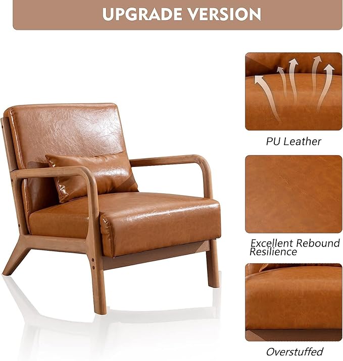 ANJ Mid Century Modern Accent Chairs Set of 2, PU Leather Reading Chair with Solid Wood Frame, Easy Assembly Armchair for Living Room