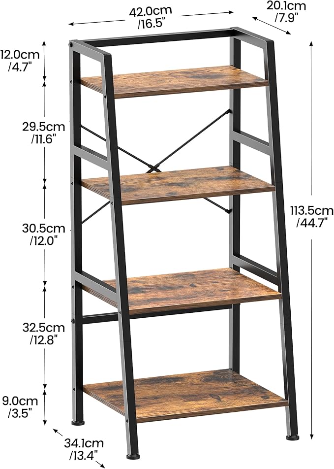 4-Tier Bookshelf, Ladder Shelf, Stand Up Shelves, Industrial Bookcase with Steel Frame, Metal Small Bookcase, for Living Room, Home Office, Kitchen, Bedroom, Industrial Style （Rustic Brown & Black）