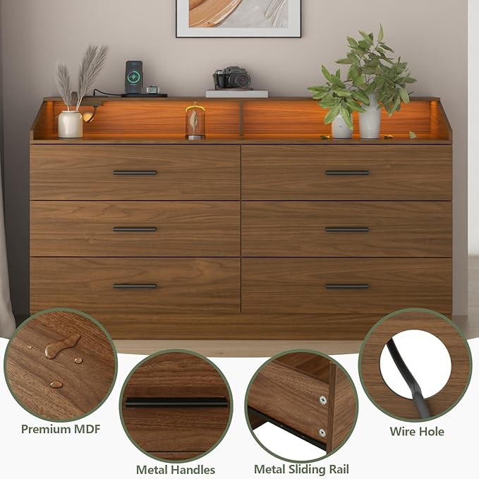 Gyfimoie 6 Drawer Dresser with Power Outlet, Chest of Drawers with LED Light, Modern Dresser with Open Storage Cubby, Double Wide Dressers Organizer for Bedroom, Living Room, Entryway,Hallway