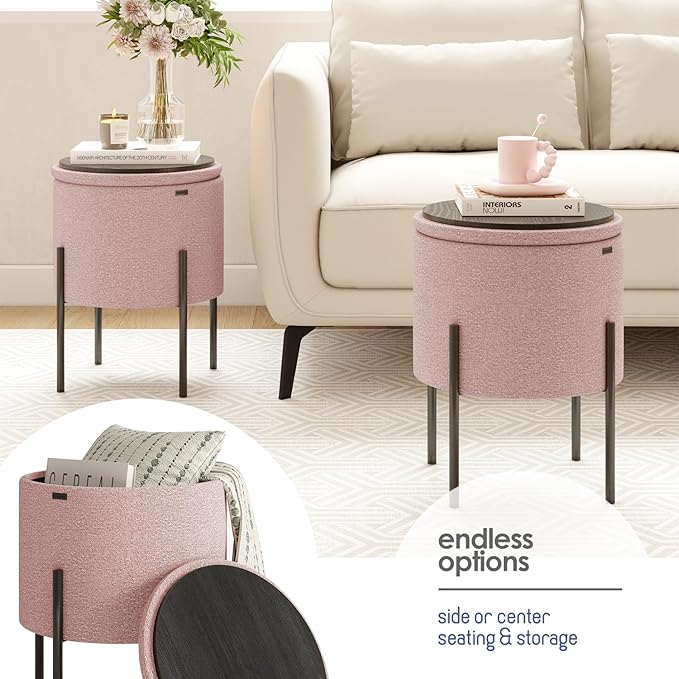 STORAGEBUD Round Ottoman with Storage, Boucle Storage Ottoman, Foot Stool Ottoman, Makeup Vanity Stool, Small Ottomans Foot Rest, Modern Ottomans for Living Room and Bedroom, Pink