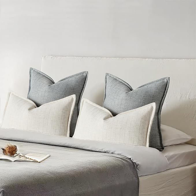 DEZENE 18x18 Linen Pillow Covers Steel Blue Pack of 2 Farmhouse Boho Neutral Accents Striped Textured Square Decorative Throw Pillow Cases for Living Room Couch Bed Home Decor