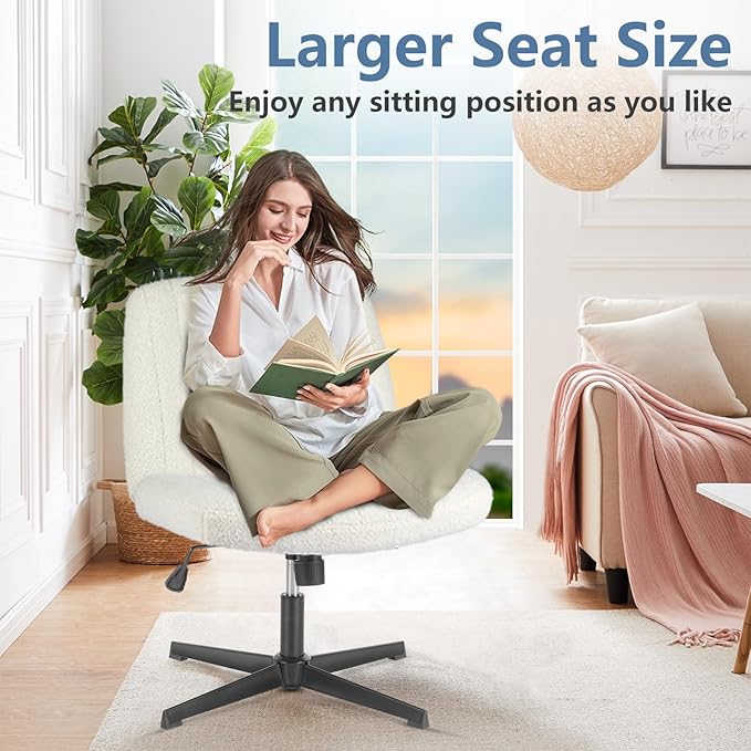 DUMOS Criss Cross Chair No Wheels, Legged Office Desk Armless Chair Wide Seat, Adjustable Swivel Teddy Fabric Task Vanity Chairs for Home Bedroom, Beige