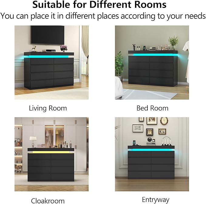 Gyfimoie 8 Drawer Dresser with Power Outlet, Dresser with LED Light, Modern Chest of Drawers for Closet, Double Wide Drawer Organizer Cabinet for Bedroom, Living Room (Black, 8 Drawers)