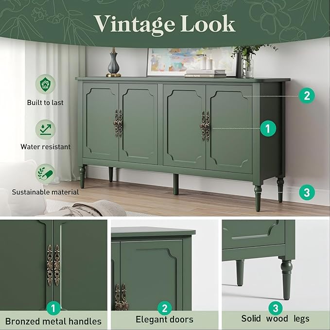 RoyalCraft 59" Buffet Cabinet with Storage, Vintage Sideboard with Adjustable Shelves & Carved Handle, Mid Century Modern Painted Credenza Coffee Bar for Kitchen, Dining Room, Forest Green