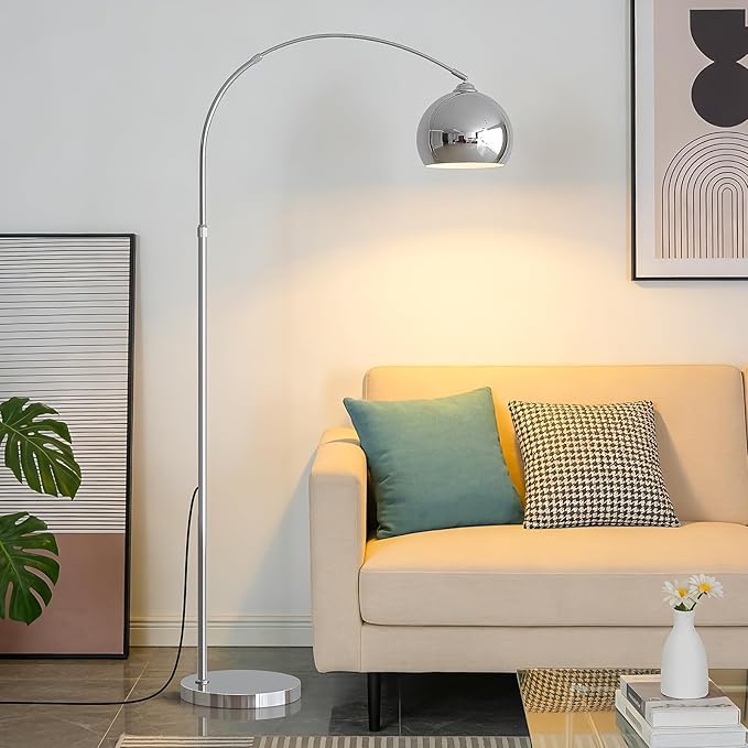 Glossy Silver Arc Floor Lamp 71" Tall, Dimmable 12W LED Smart Standing Lamp with Remote, 360° Rotatable Adjustable Height & Span, Modern Floor Lamp for Living Room, Bedroom, Office, Library