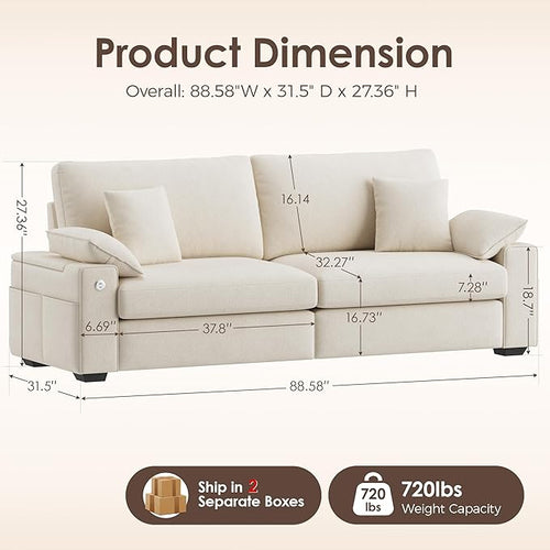 88.58" 3 Seats Deep Seat Sofa Couch, Beige | Side Storage, Removable Cover, Wide Armrest, Fabric, For Small Space