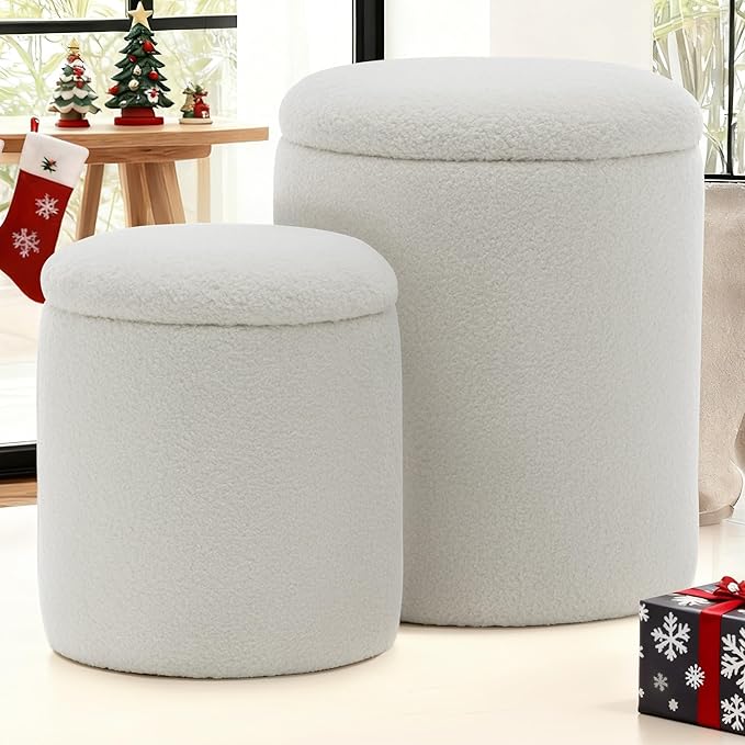 YSICK Round Ottoman with Storage, Set of 2, Small Vanity Stool as Vanity Chair, Sherpa Ottoman Foot Rest for Small Space, Living Room, Bedroom, White