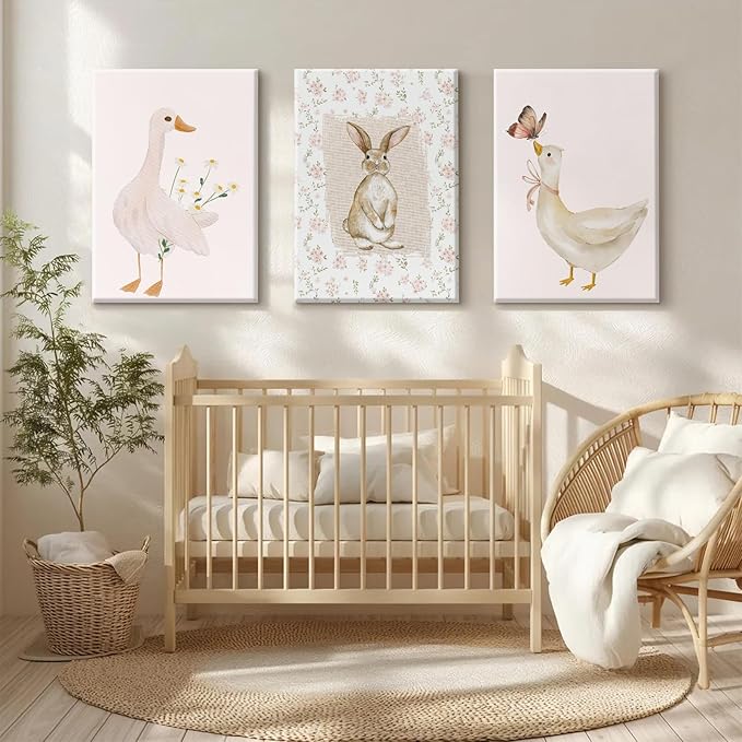 Vintage Nursery Wall Art Goose Canvas Poster Coquette Wall Decor Baby Girl Painting Kids Poster Bunny Rabbit Prints Cute Animal Pictures Duck Artwork for Bedroom Living Room 12x16x3 Inch Ready to Hang