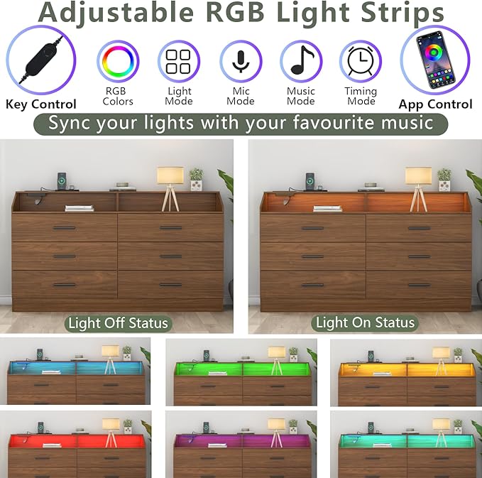 Gyfimoie 6 Drawer Dresser with Power Outlet, Chest of Drawers with LED Light, Modern Dresser with Open Storage Cubby, Double Wide Dressers Organizer for Bedroom, Living Room, Entryway,Hallway